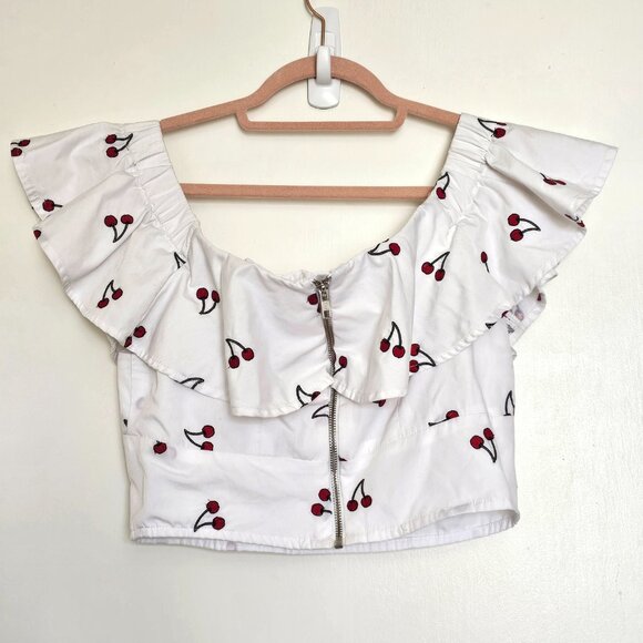 Topshop Cherry Off Shoulder Ruffled Casual Crop Top US 6 - Picture 3 of 9